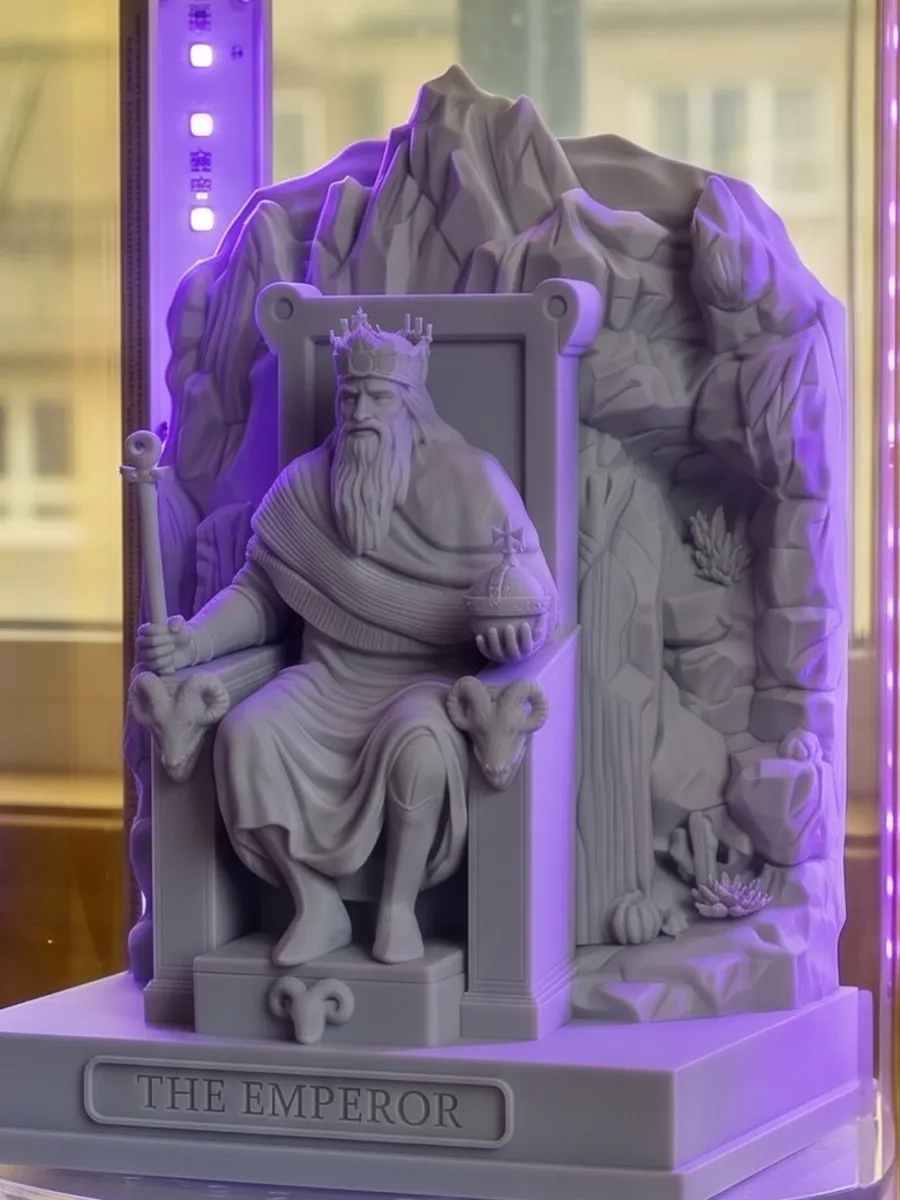The Emperor statue on the turntable of the UV cure station