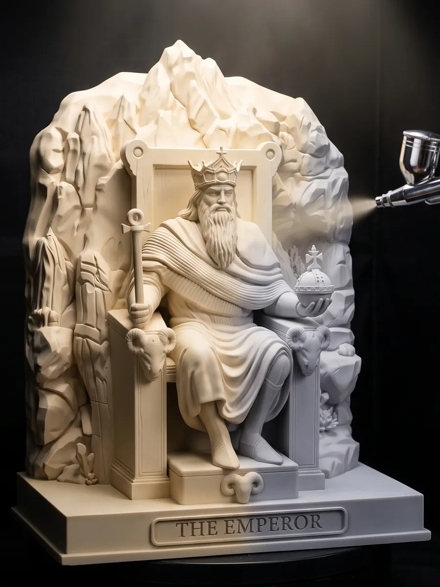 The Emperor statue in the spray booth, half covered in cream primer, with the airbrush