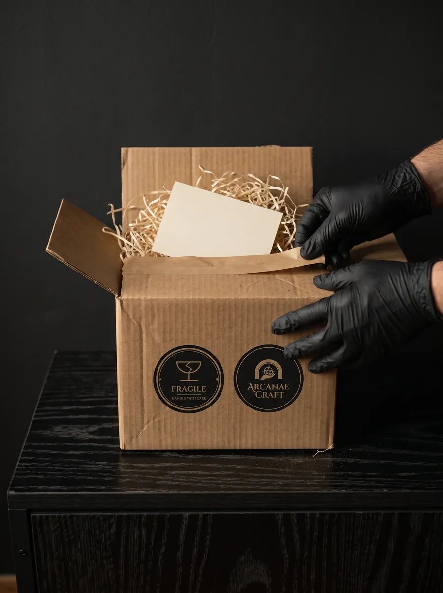 Gloved hands closing a kraft box filled with wood wool, with the fragile seal and the Arcanae Craft seal