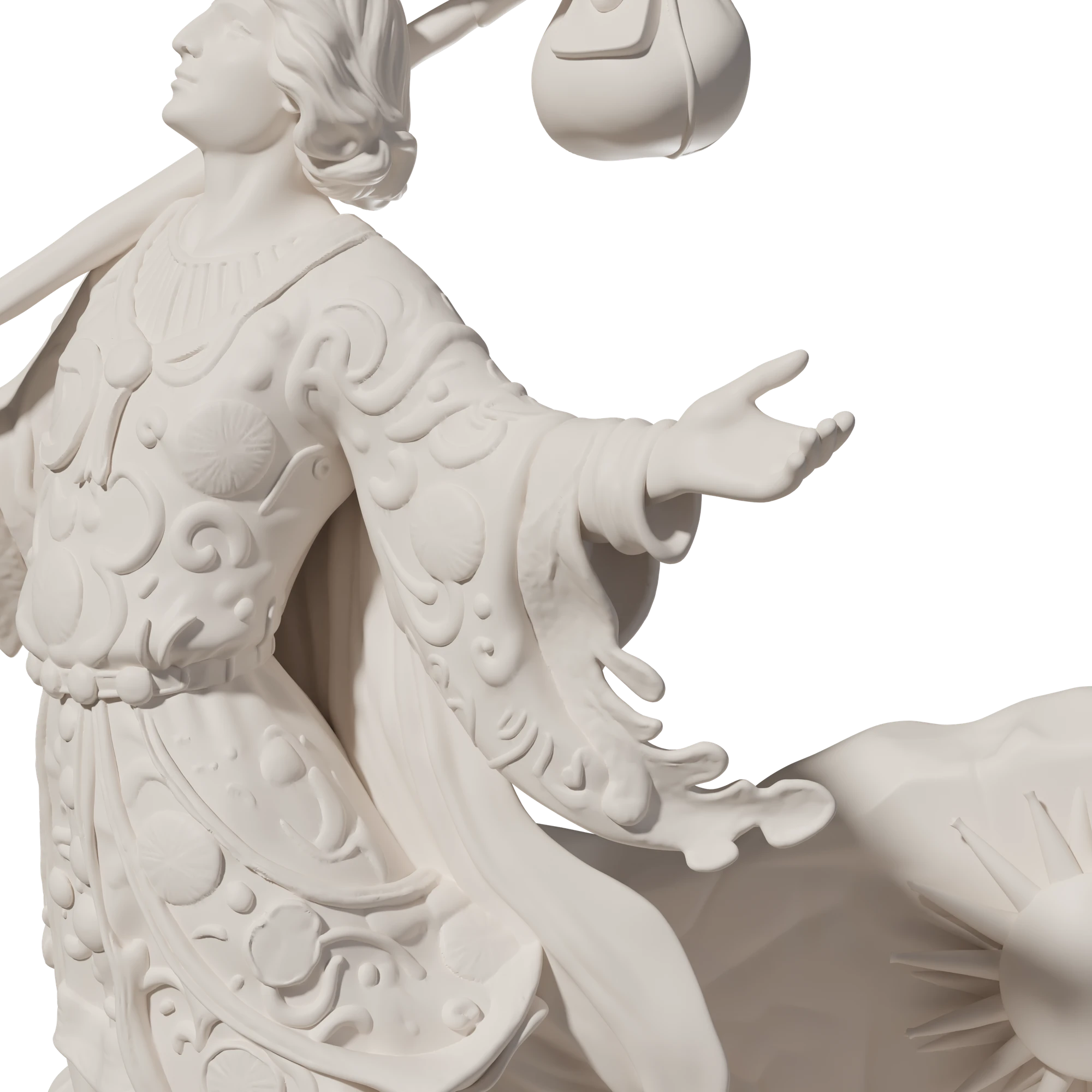 The Fool tarot statue, detail of the embroidered sleeve and the hand, 3D render