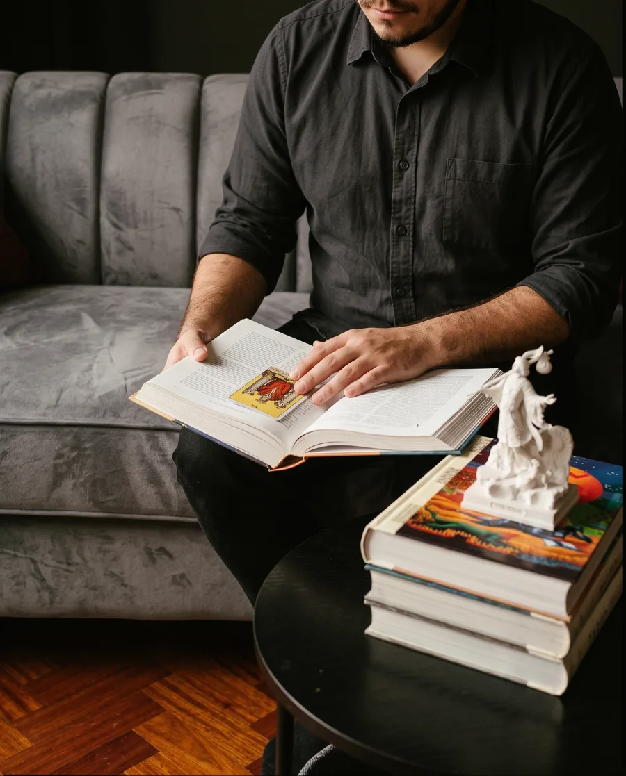 João Marcos, the maker behind Arcanae Craft, reading a tarot book on his sofa, with The Fool statue on the side table
