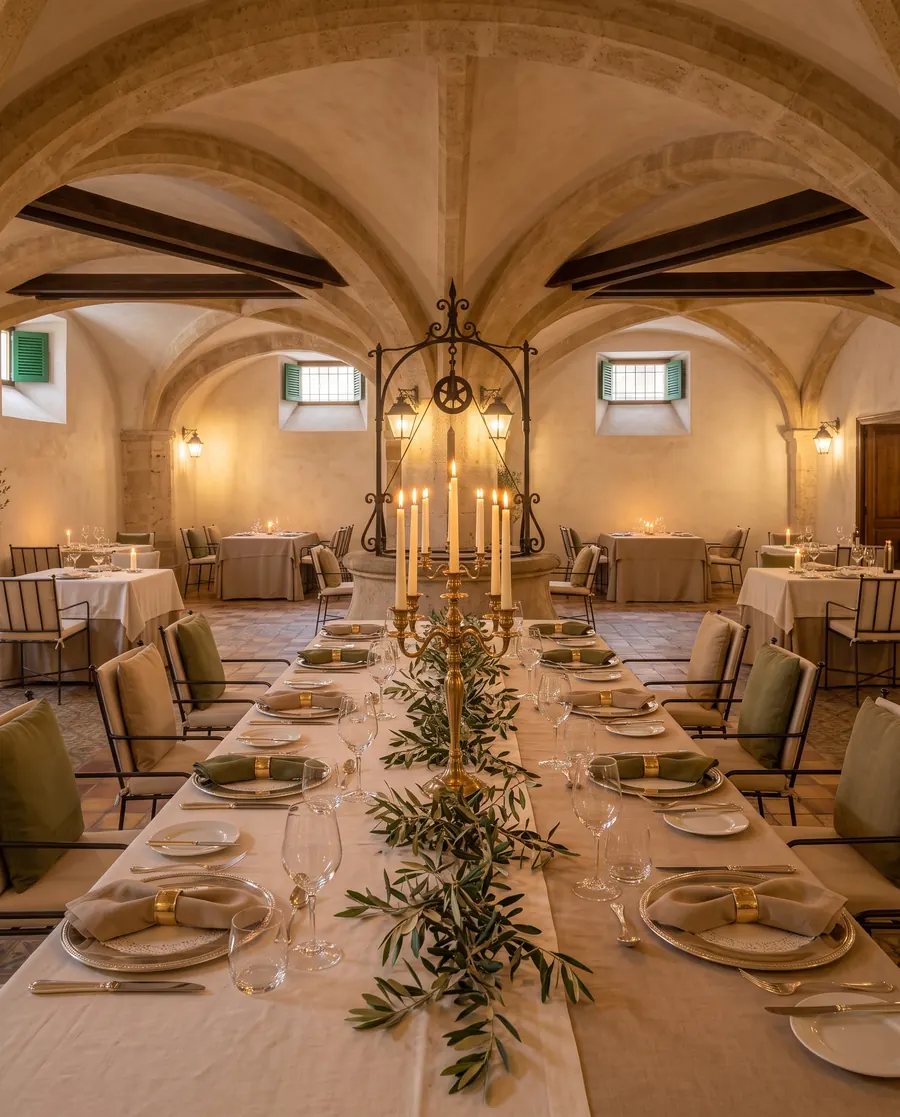One long table set with candles and olive branches under stone vaults, in front of the iron well head of the cistern