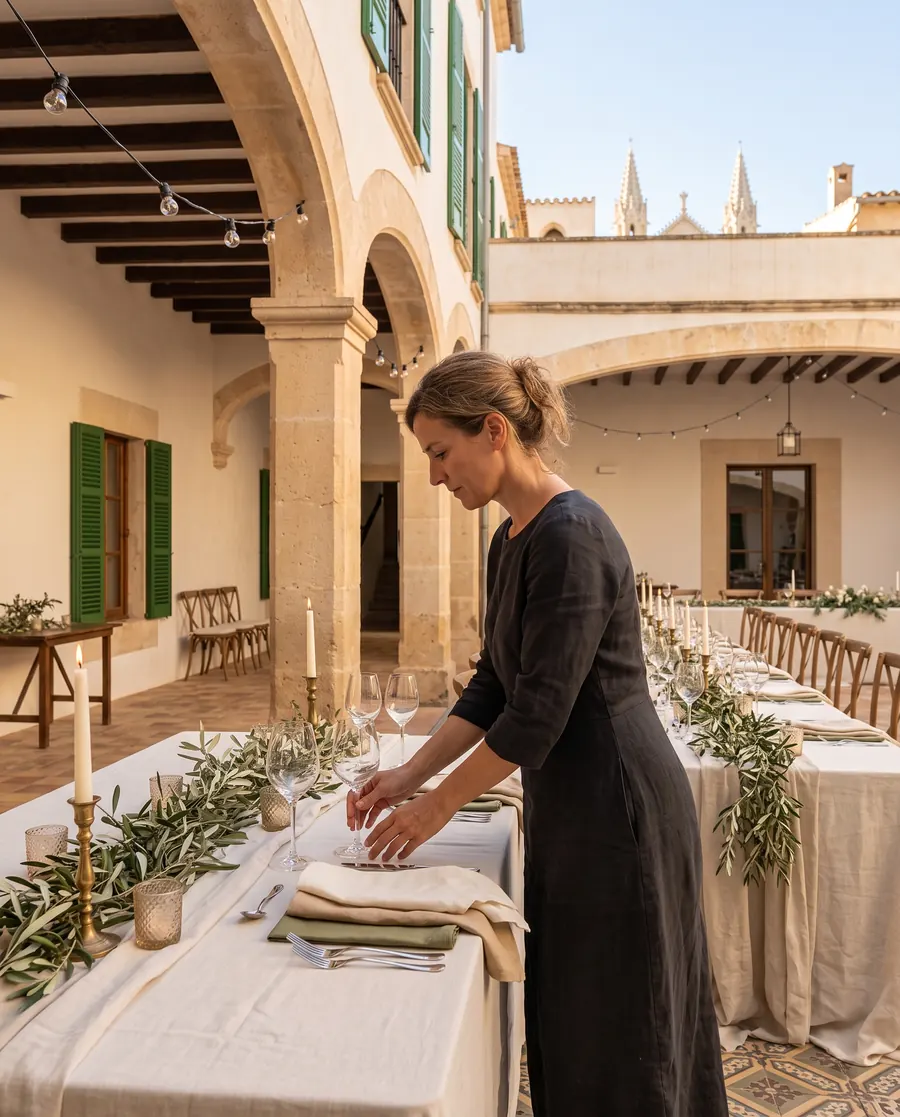 A woman in a dark linen dress setting a long table with candles and olive branches under the courtyard arches
