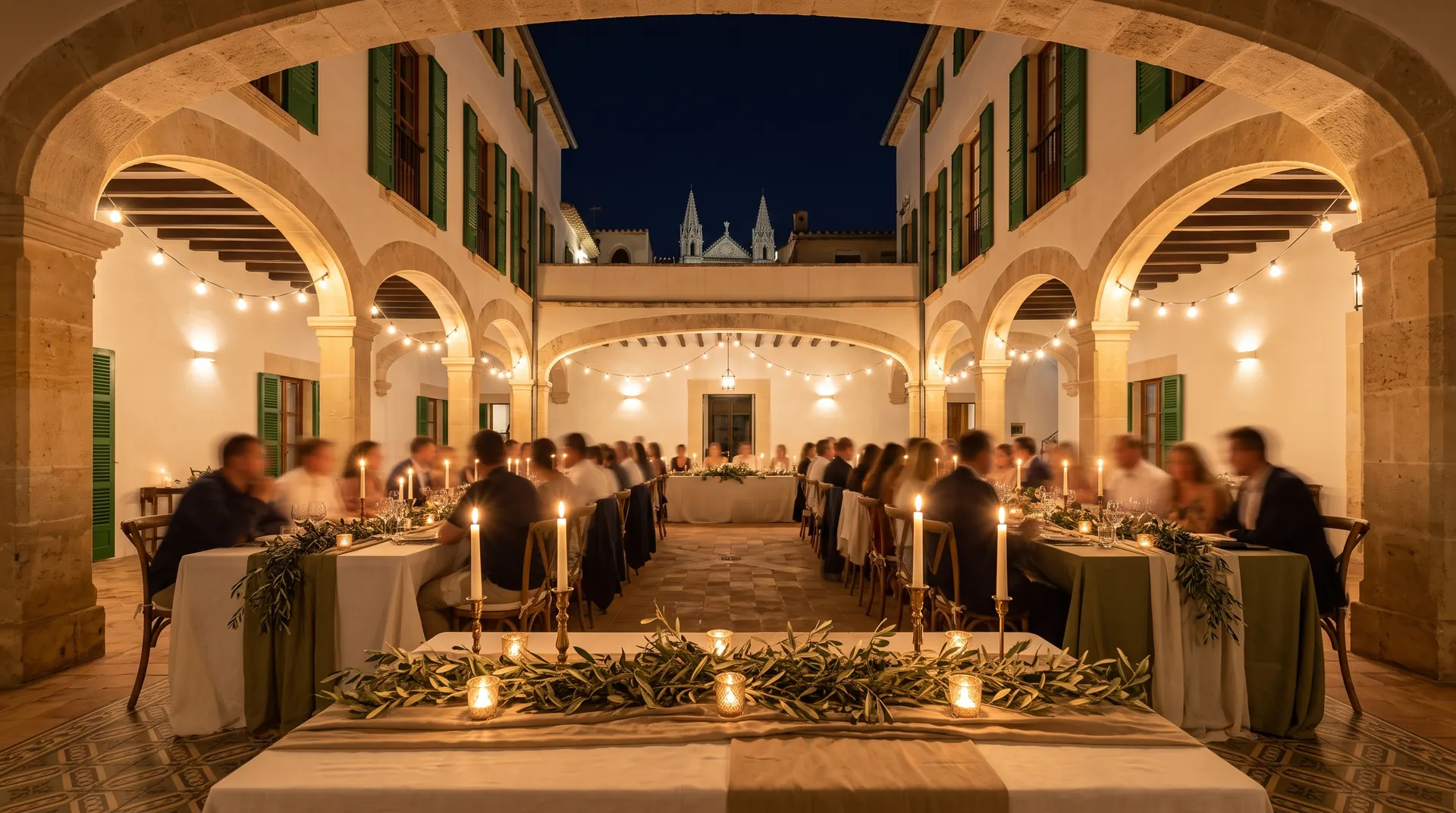 Long tables with candles and olive branches under the courtyard arches at night, with guests seated