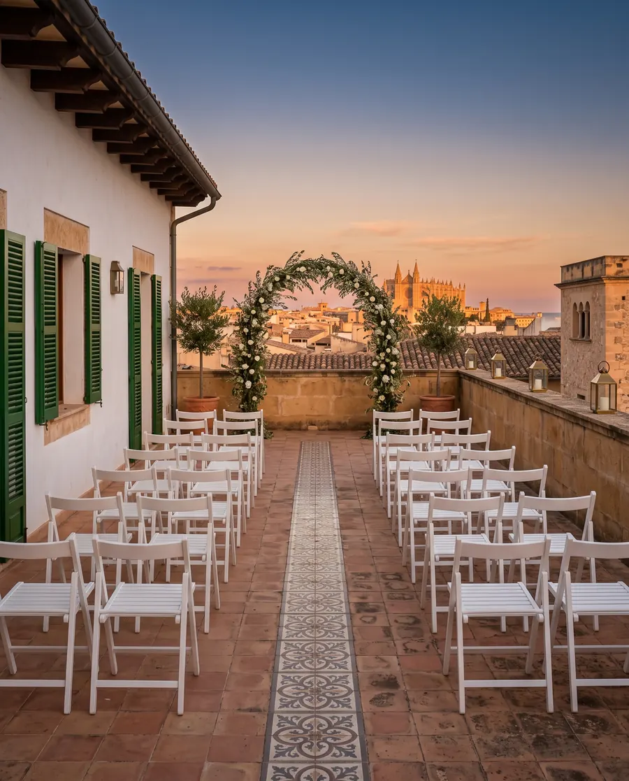 Two blocks of white chairs on the roof terrace at sunset, with a tiled aisle between them that leads to an arch of olive branches and white flowers, and the cathedral behind