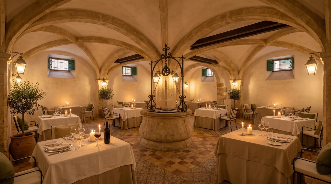 Tables with linen and candles under stone vaults, around an old cistern with an iron well head