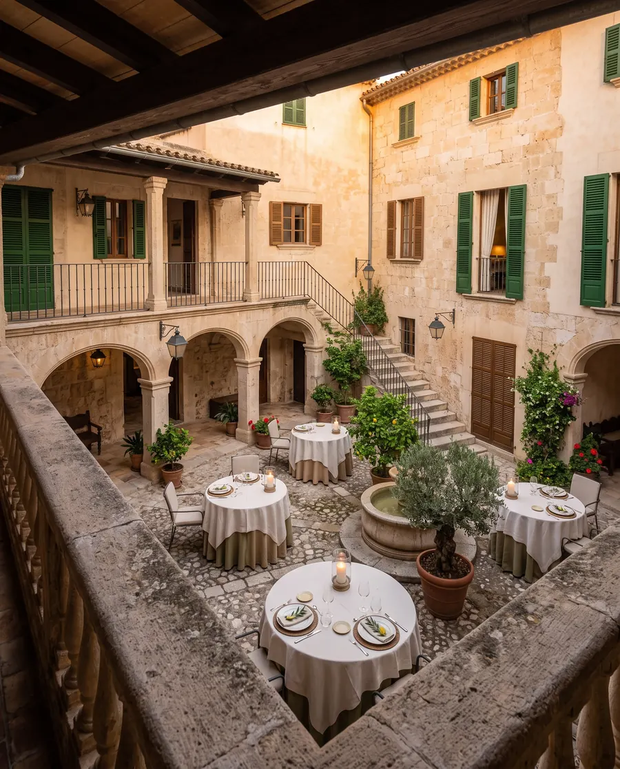 Round tables with white linen set for dinner in the courtyard, seen from the gallery above