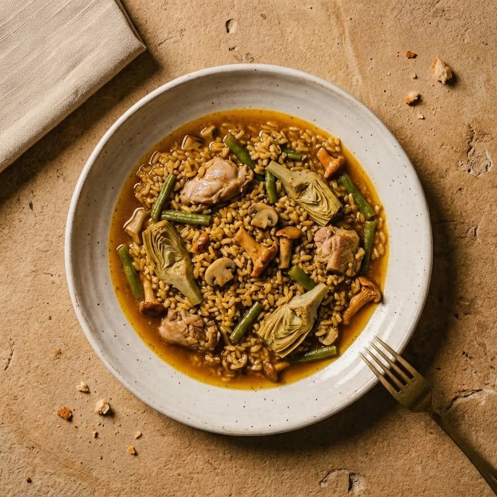 Soupy rice with rabbit, pork, green beans and artichokes in a wide pale bowl, seen from above on a sandstone table
