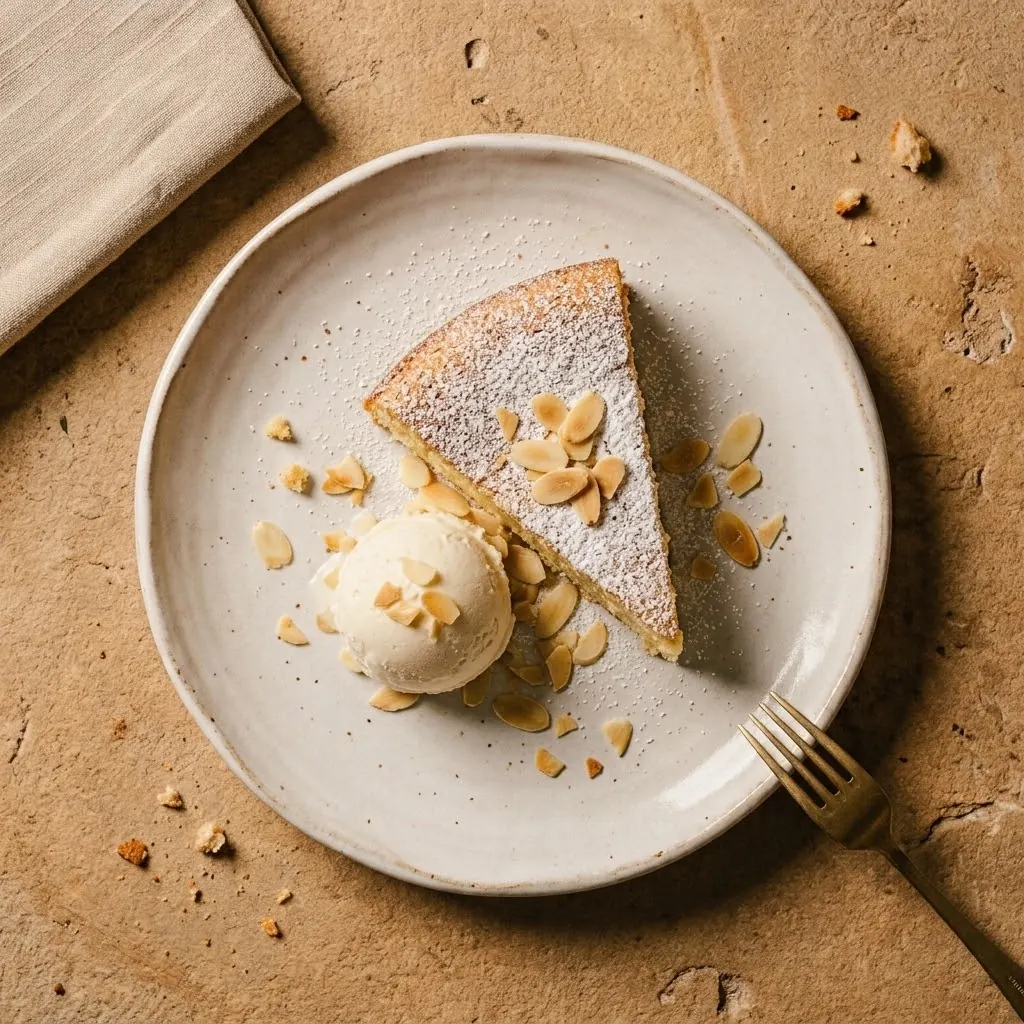 A slice of almond cake dusted with icing sugar, a scoop of almond ice cream and toasted almond slivers on a pale ceramic plate, seen from above on a sandstone table