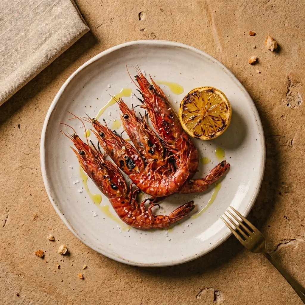 Four grilled red prawns with sea salt, olive oil and half a grilled lemon on a pale ceramic plate, seen from above on a sandstone table