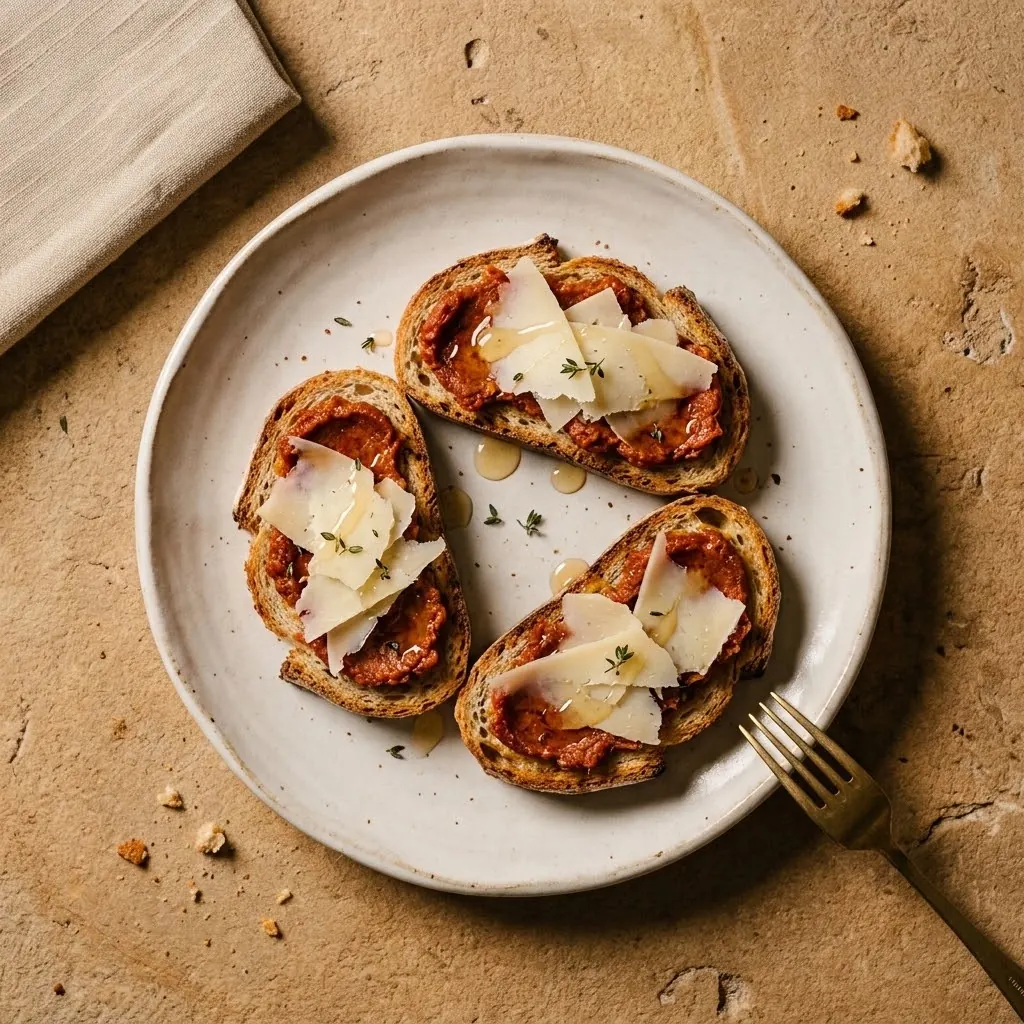 Three slices of toast with sobrassada, shavings of Mahón cheese and honey on a pale ceramic plate, seen from above on a sandstone table