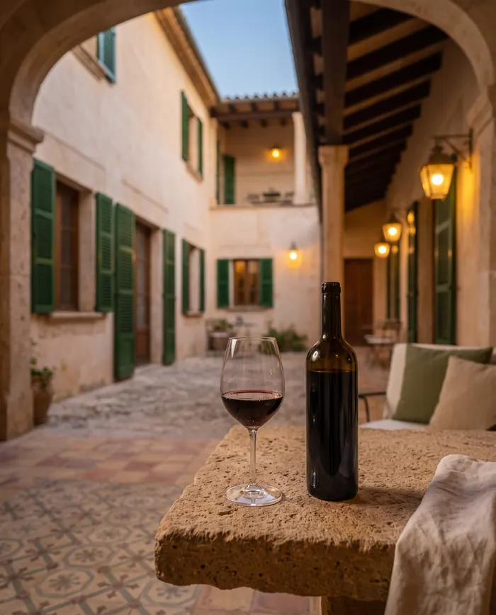 A glass of red wine and a bottle on a stone table in the courtyard at dusk