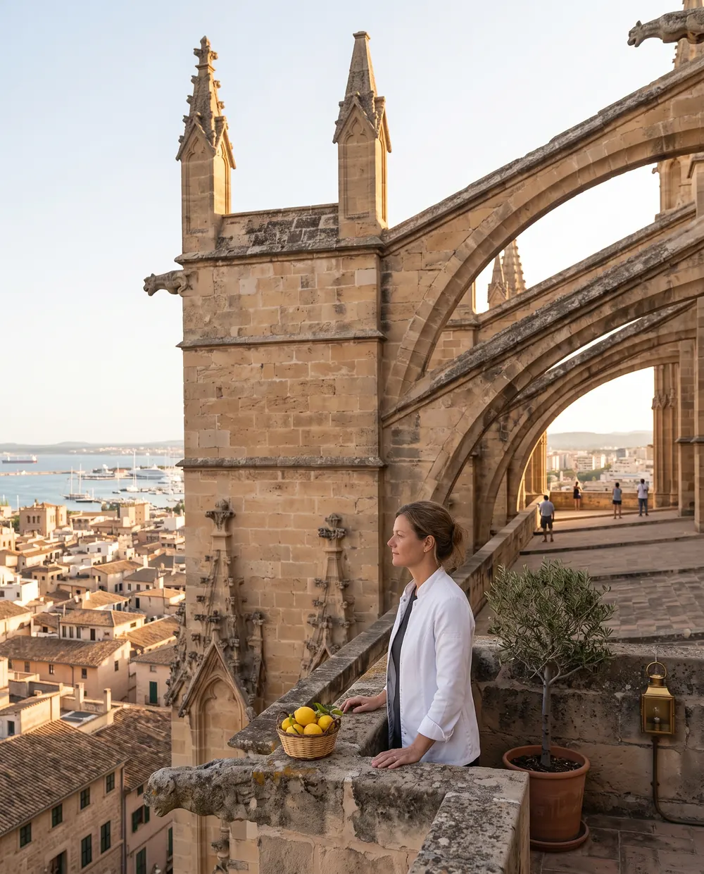 A woman looking out from a stone terrace among the flying buttresses of the cathedral, over the roofs and the bay