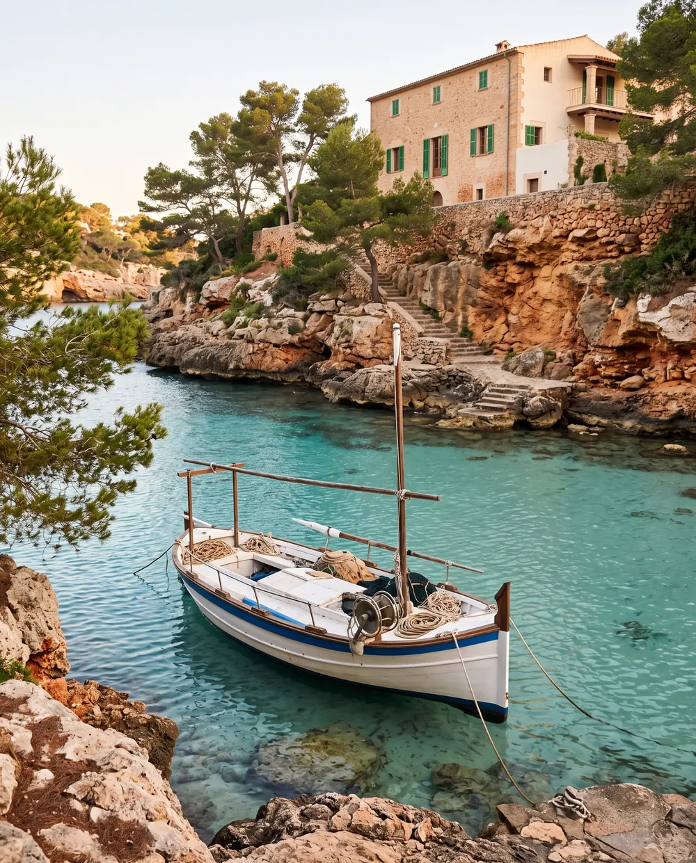 A white wooden llaüt with a short mast moored in a small cove with clear turquoise water, pines and a stone house above