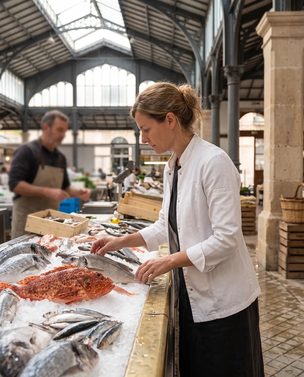 A chef in a white jacket choosing fresh fish at a market stall