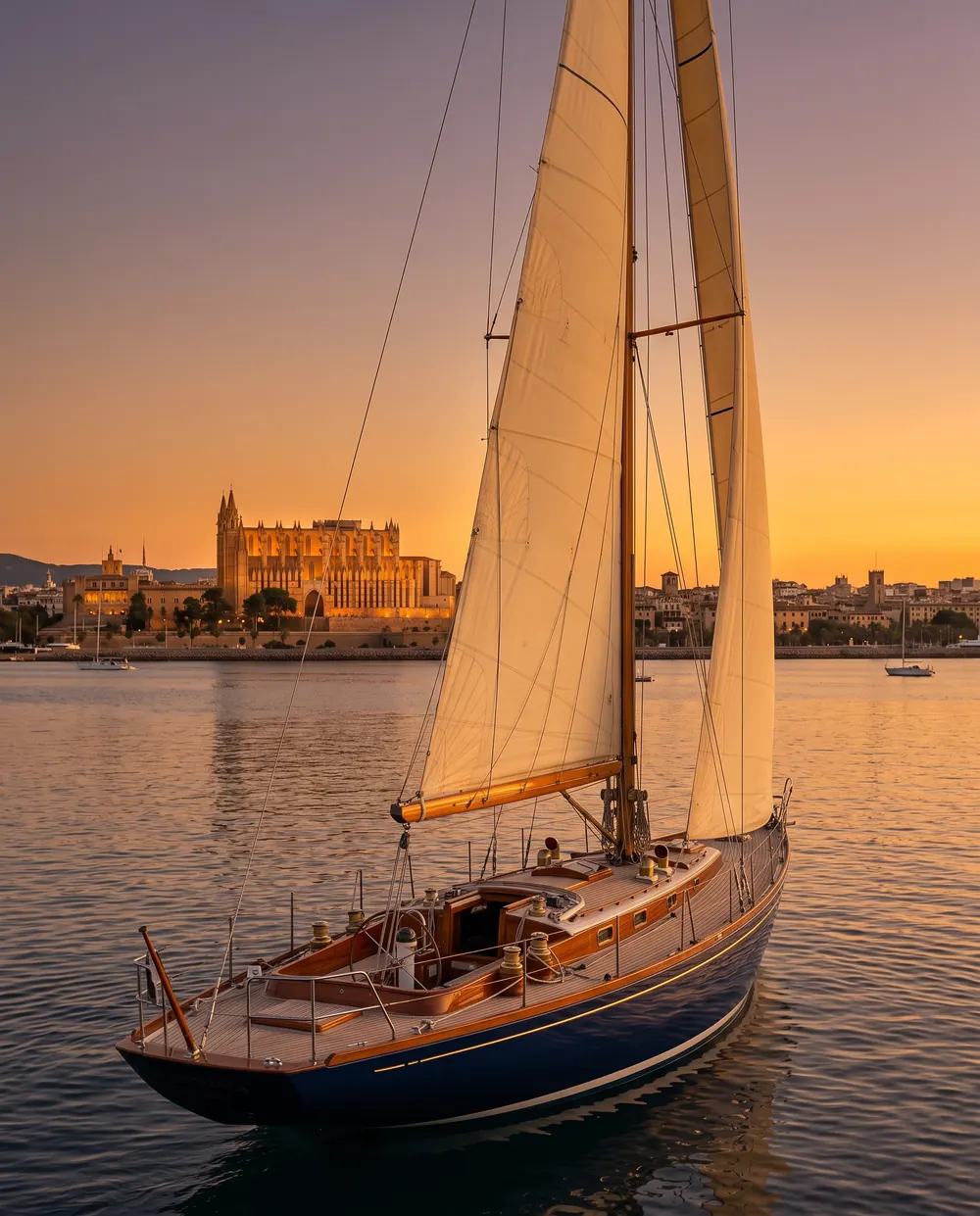 A wooden sailing boat with its sails up on a calm bay at sunset, the cathedral on the shore behind