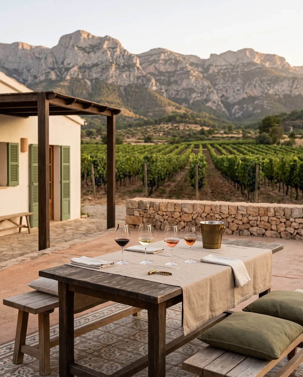 A wooden table with four glasses of wine and an ice bucket on a terrace, beside rows of vines under grey mountains