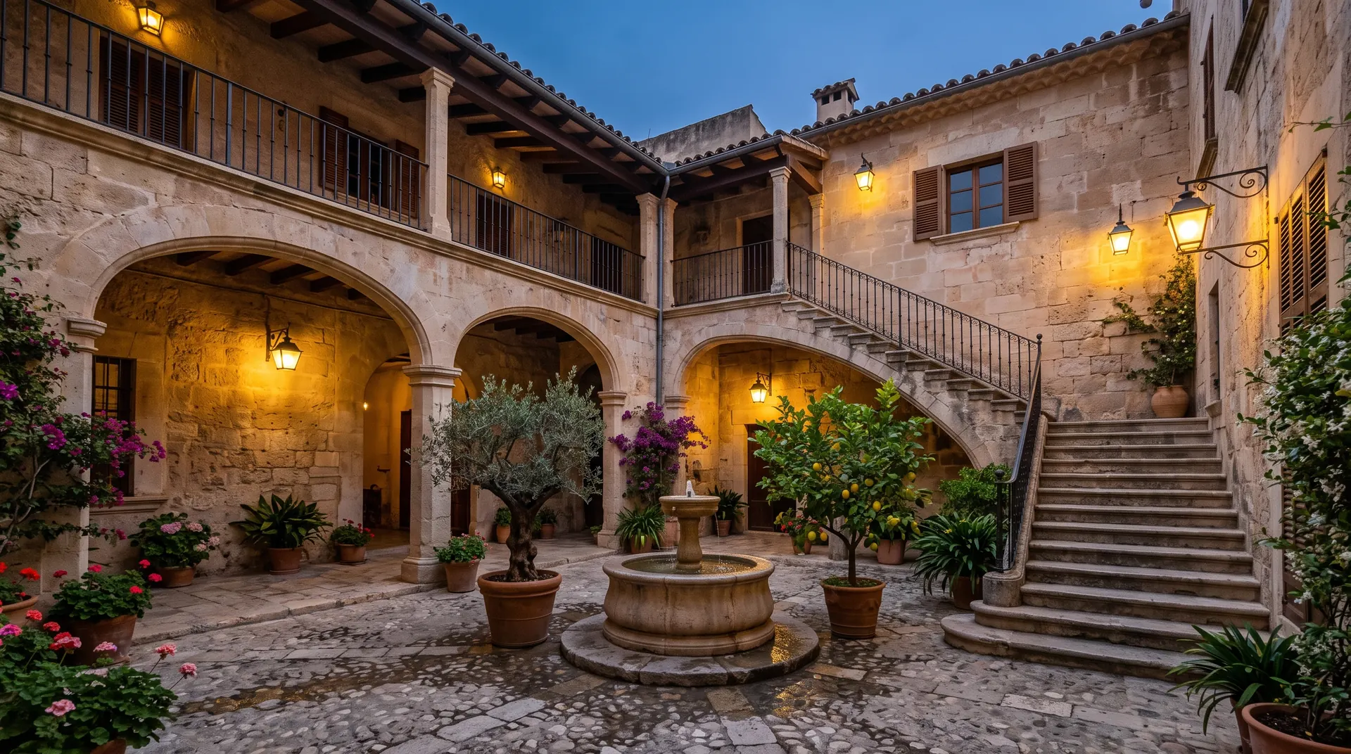 The stone courtyard of the house at dusk, with lit lanterns, round arches, a stone staircase and a small fountain among potted trees