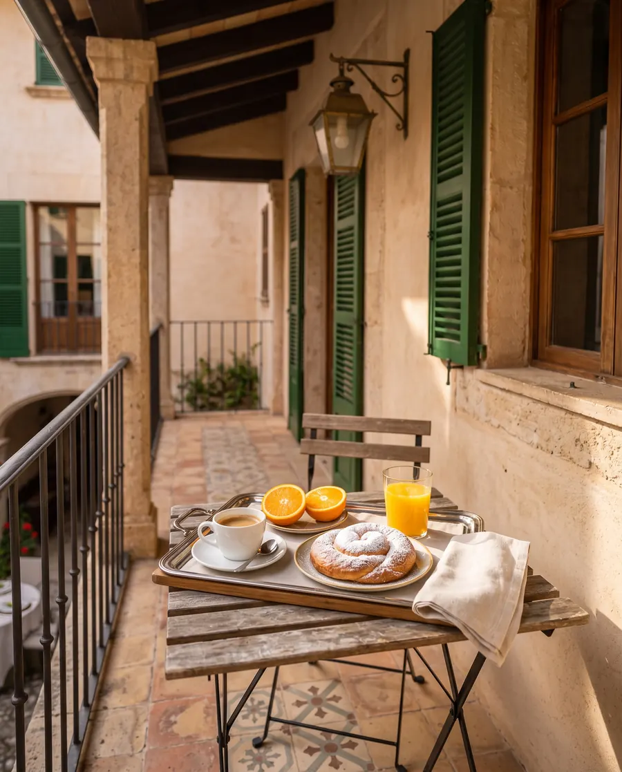 A breakfast tray with coffee, an ensaïmada and orange juice on a small table in the stone gallery, beside green shutters