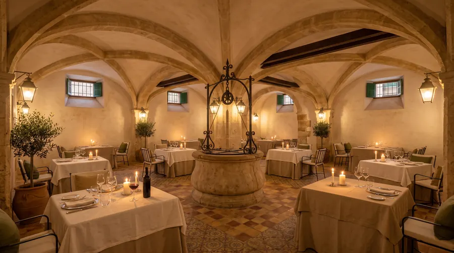 Tables with linen and candles under stone vaults, around an old cistern with an iron well head