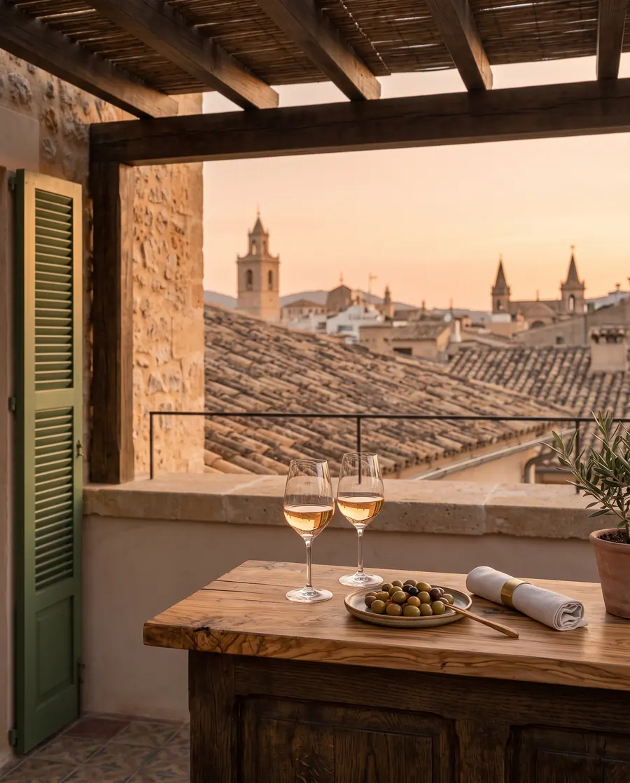 Two glasses of rosé and a plate of olives on a wooden bar under a pergola, with tiled roofs and church towers at sunset
