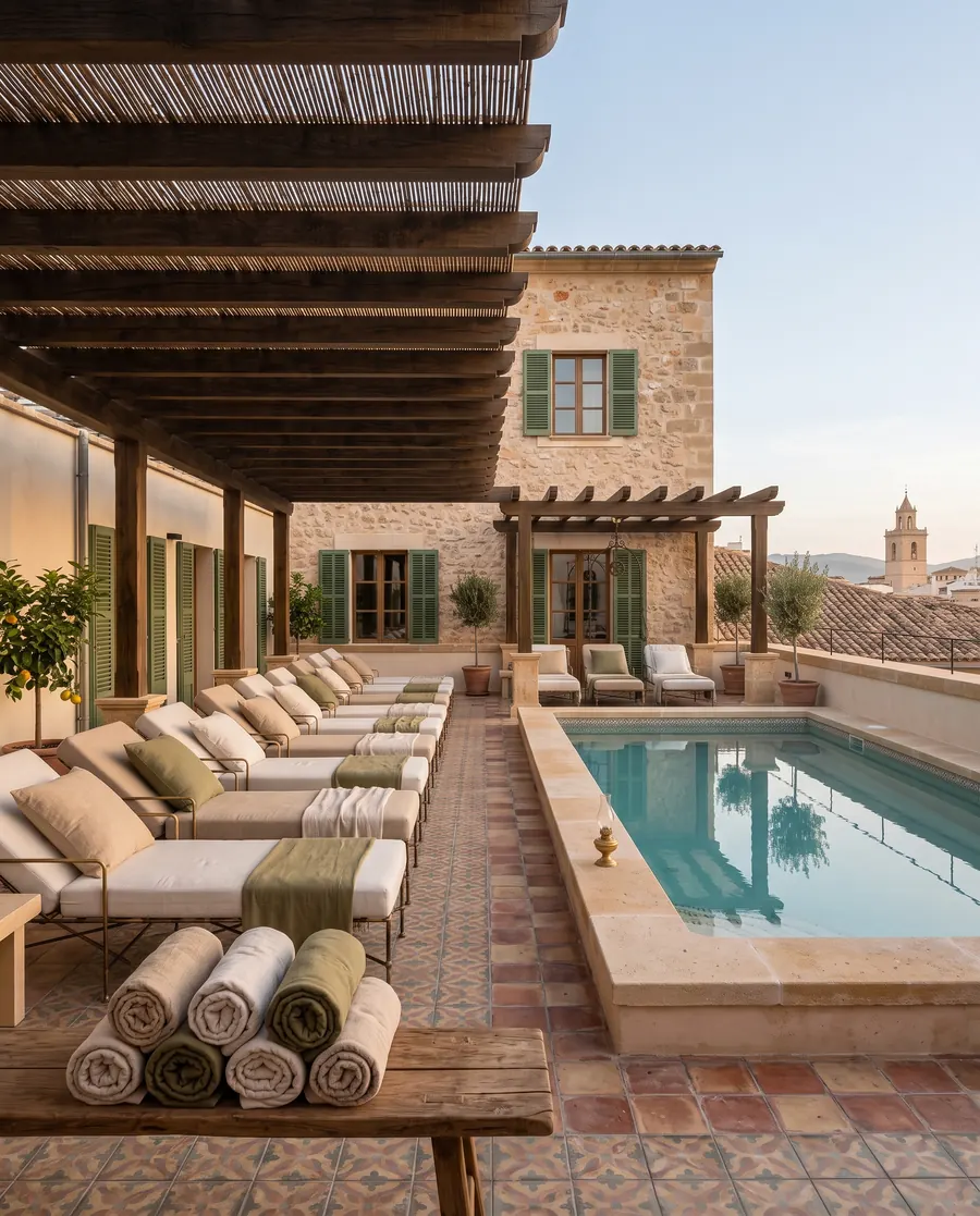 A row of loungers with rolled towels under a wooden pergola, beside a narrow stone pool on the roof terrace