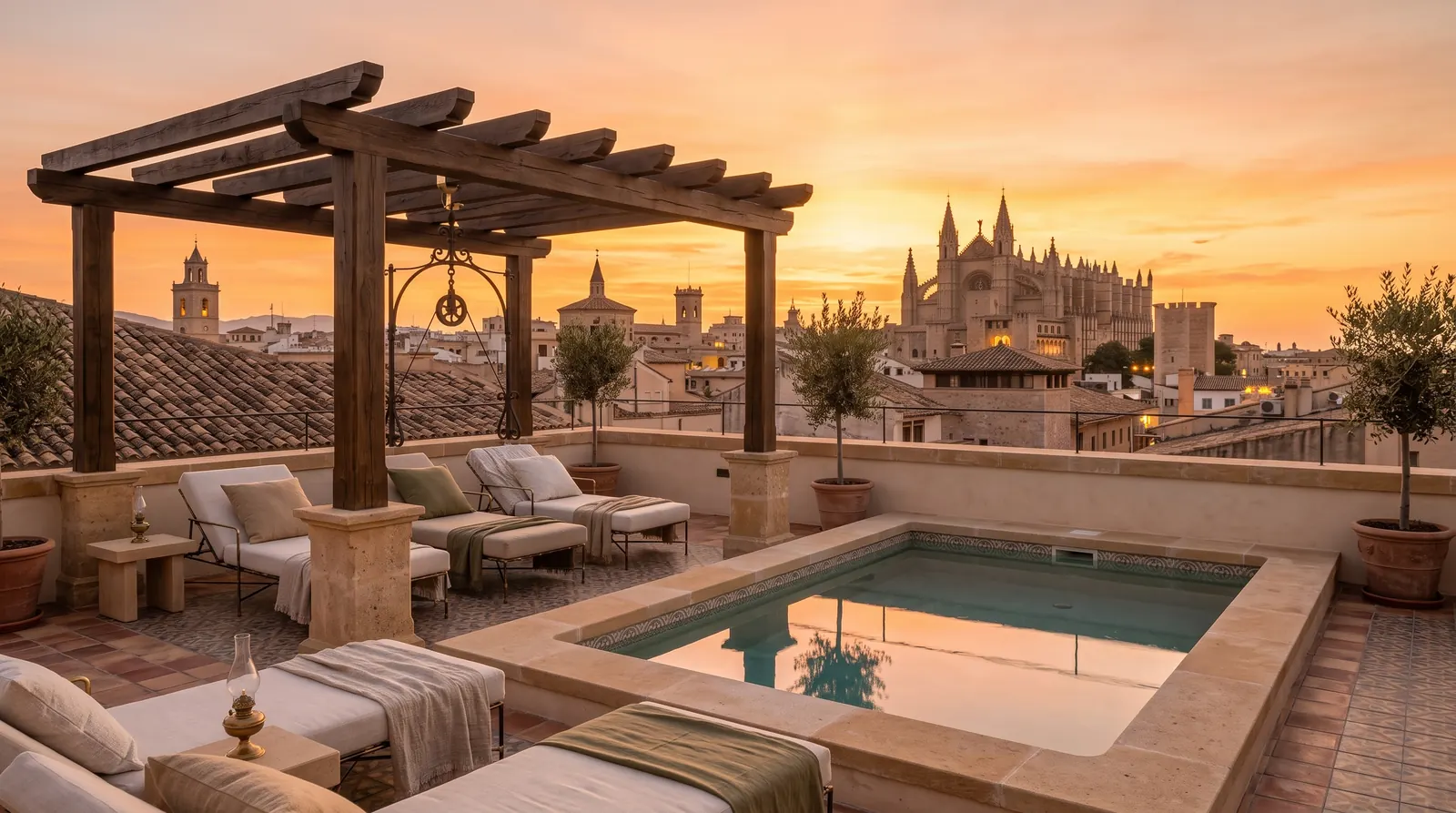 A small plunge pool on the roof at sunset, with a wooden pergola, loungers and the cathedral on the skyline