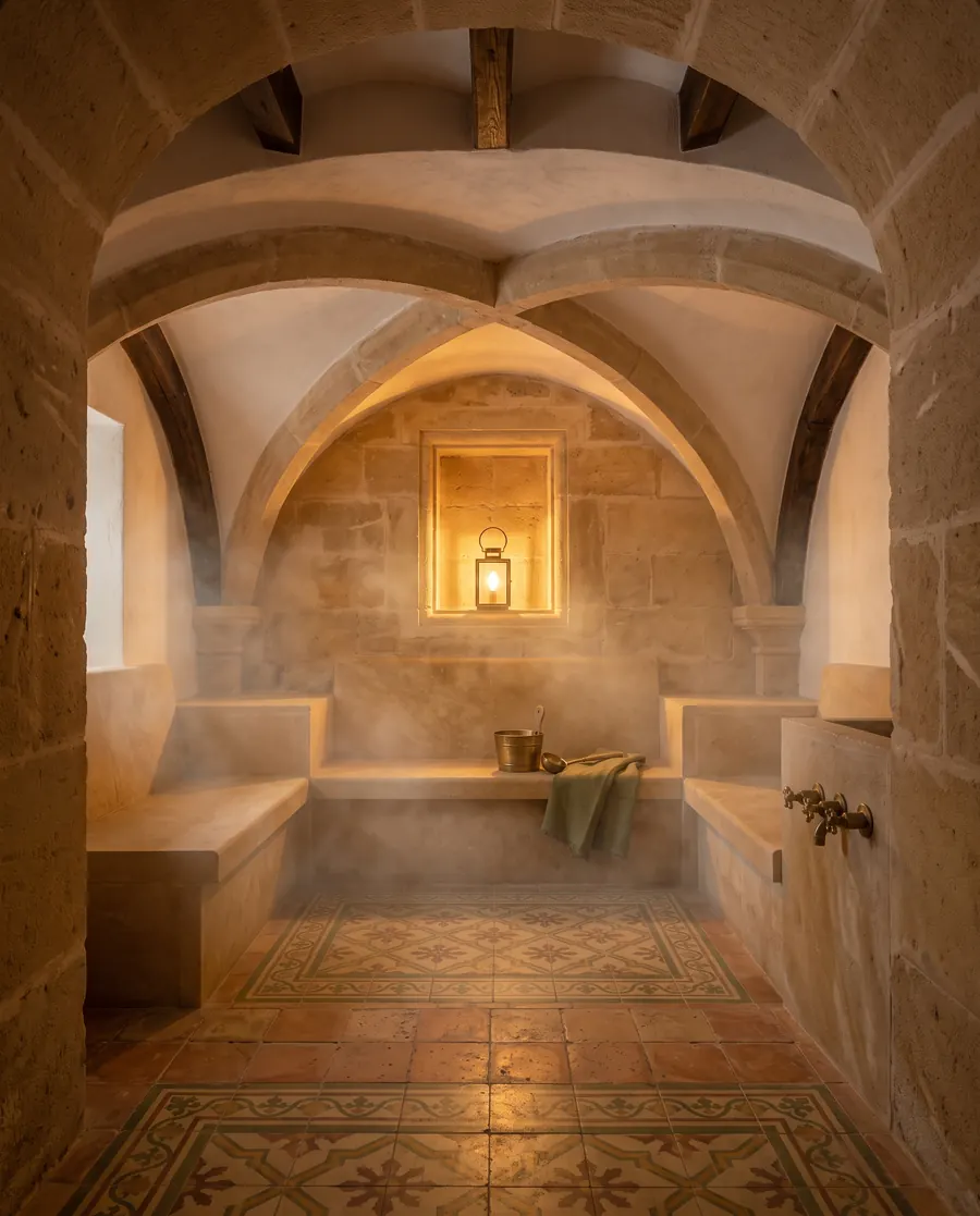 A small steam room with stone benches under a vaulted ceiling, lit from a niche