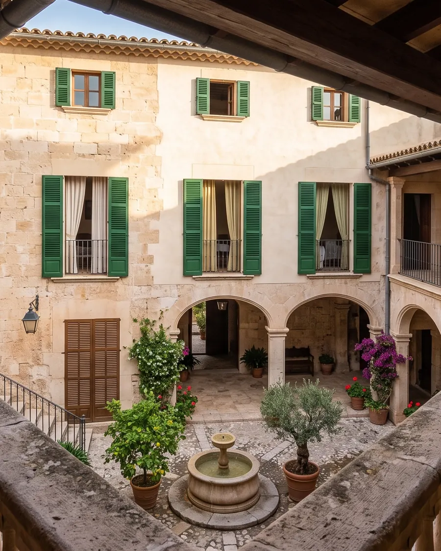 The courtyard seen from the first-floor gallery, with green shutters on the sandstone walls and potted plants around the fountain