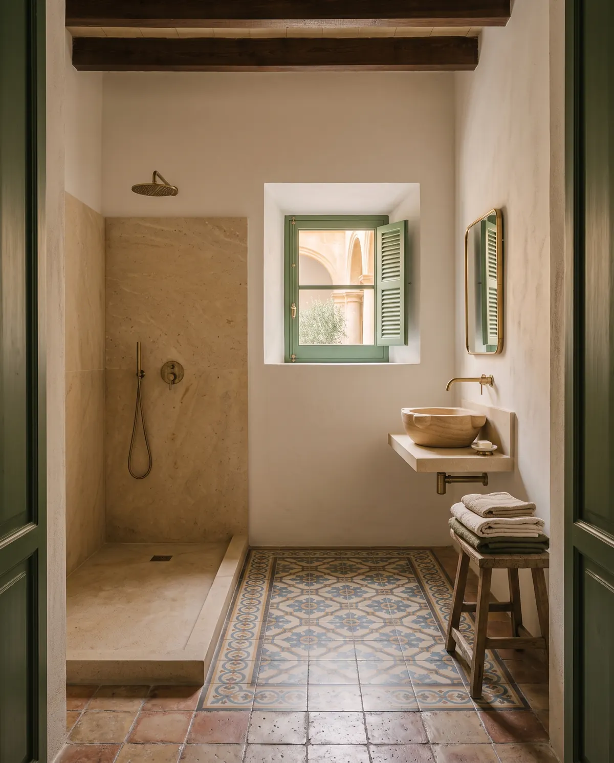 A walk-in shower in pale stone beside a small window and a stone basin on a wooden shelf