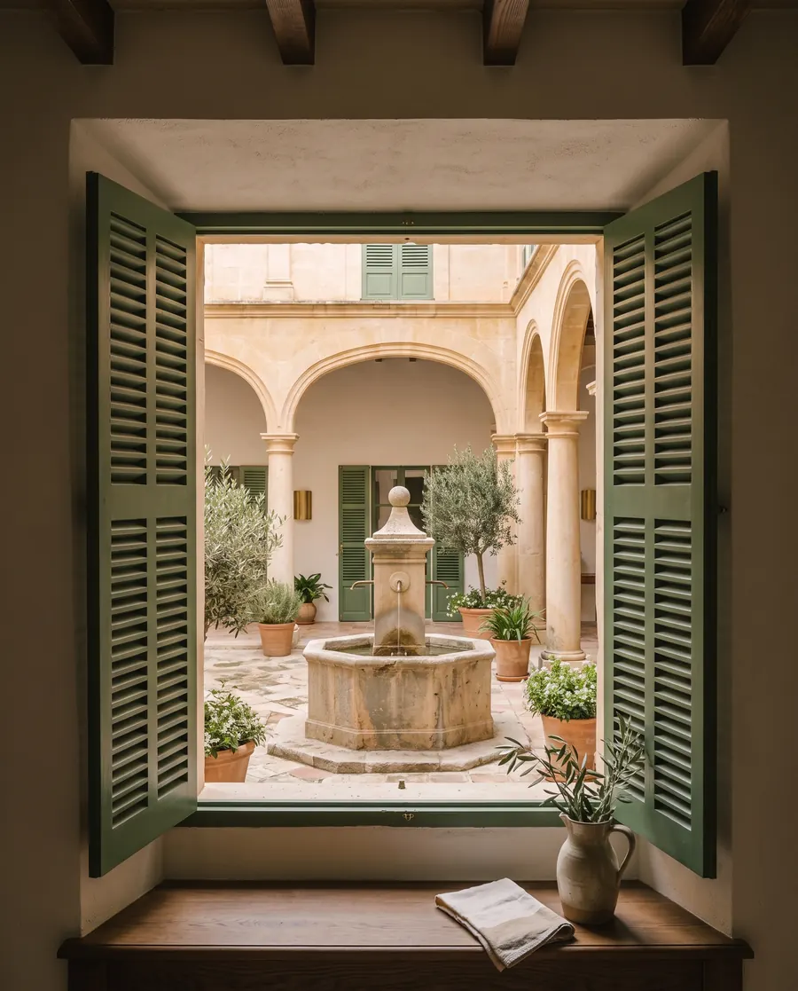 The courtyard seen from the room window, with green shutters open, the fountain and potted trees below