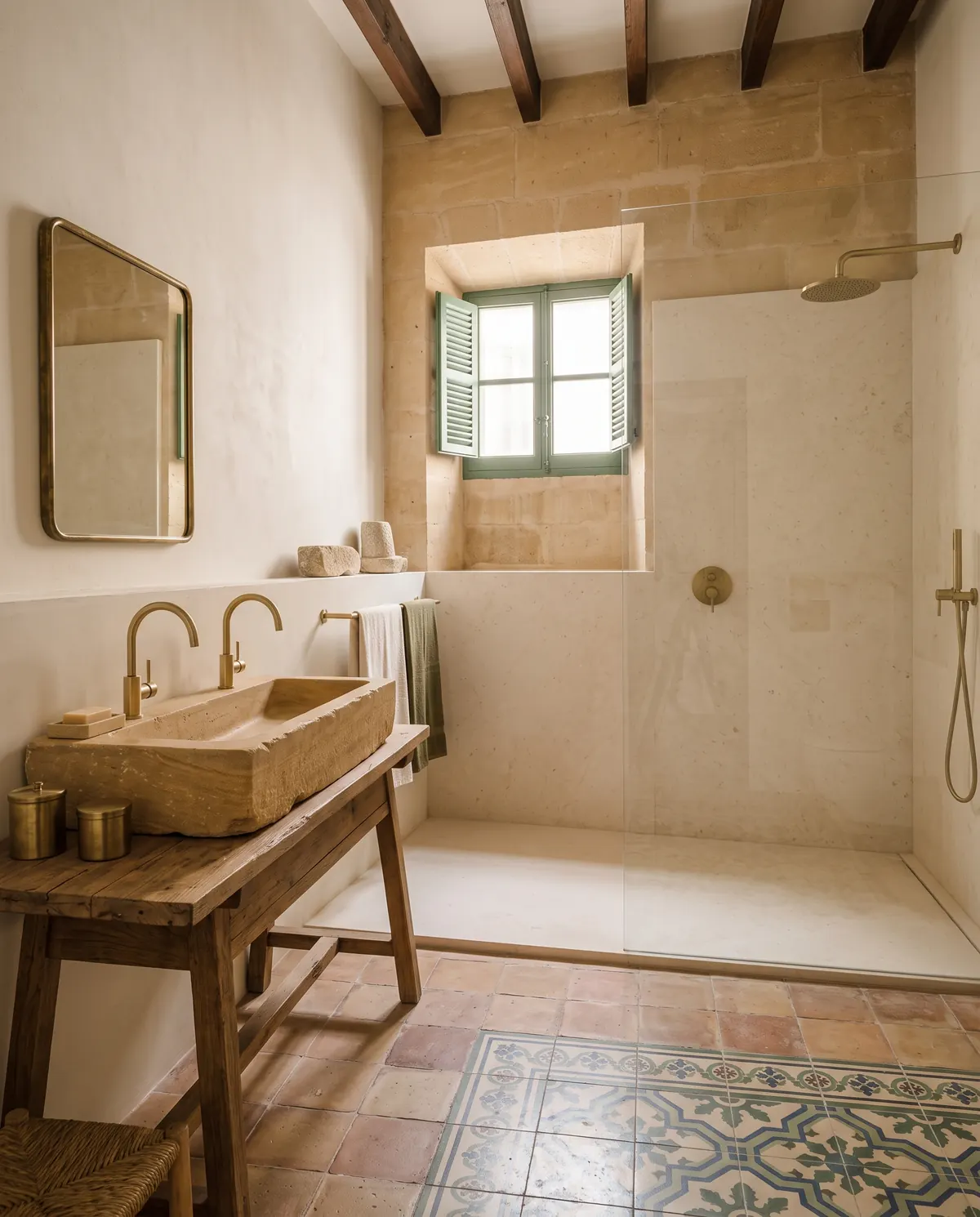 A long stone basin with two brass taps and a walk-in shower in pale stone