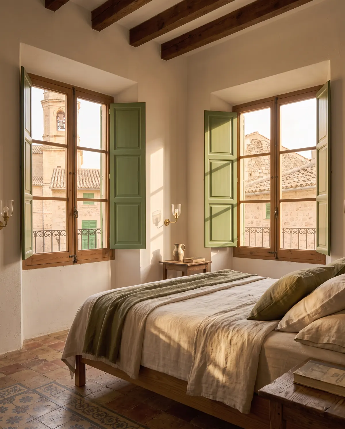 The bed of the Junior Suite between two windows with green shutters, under oak beams