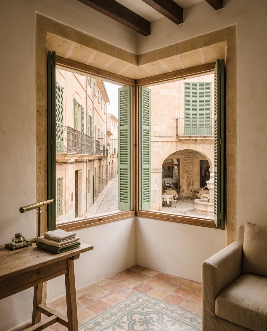 A narrow old town street and a corner of the square, seen from the corner window