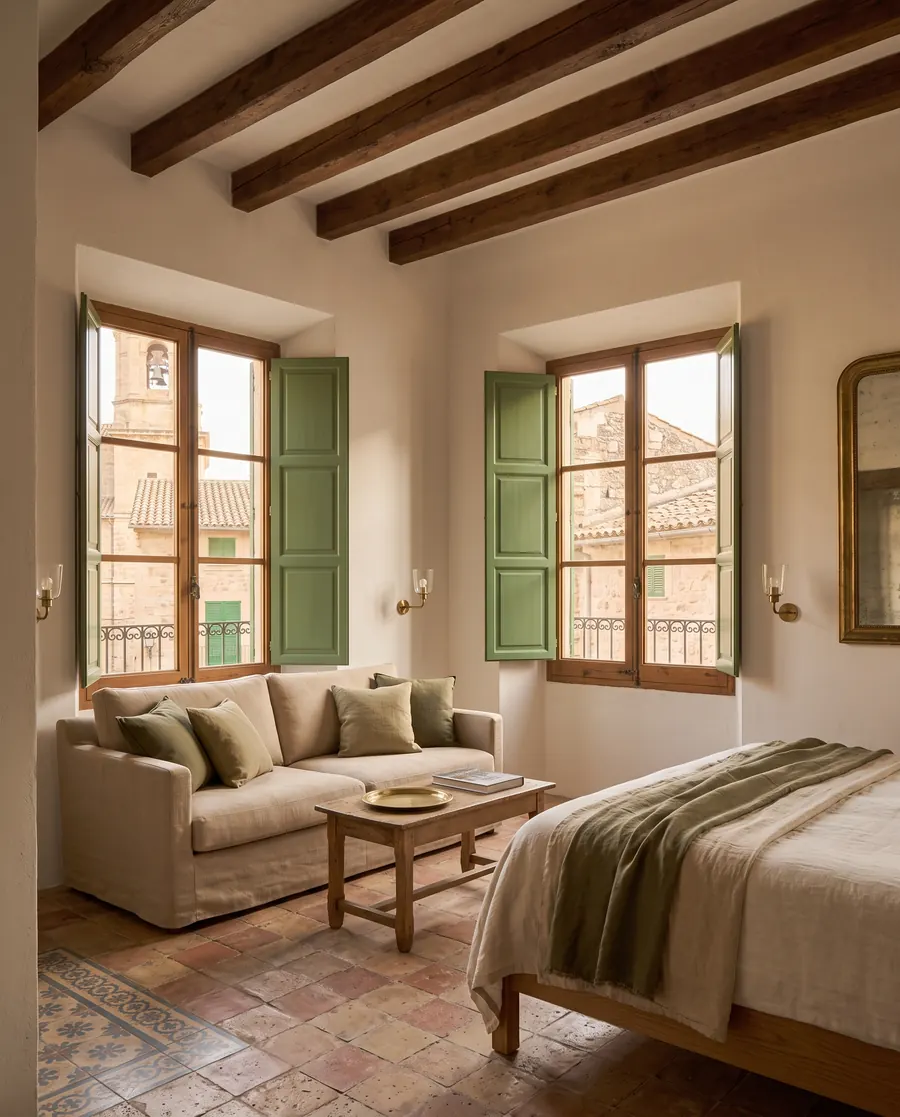 A corner room with windows on two walls, a linen sofa and a bed under dark oak beams