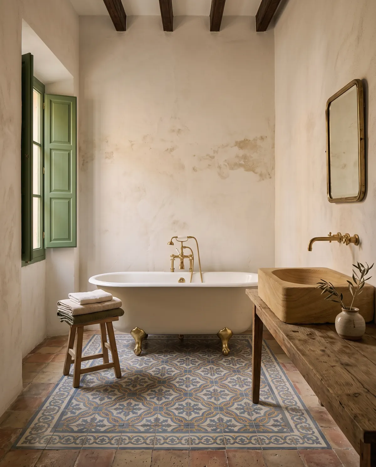 A freestanding bathtub on patterned floor tiles, beside a stone basin and a window with green shutters