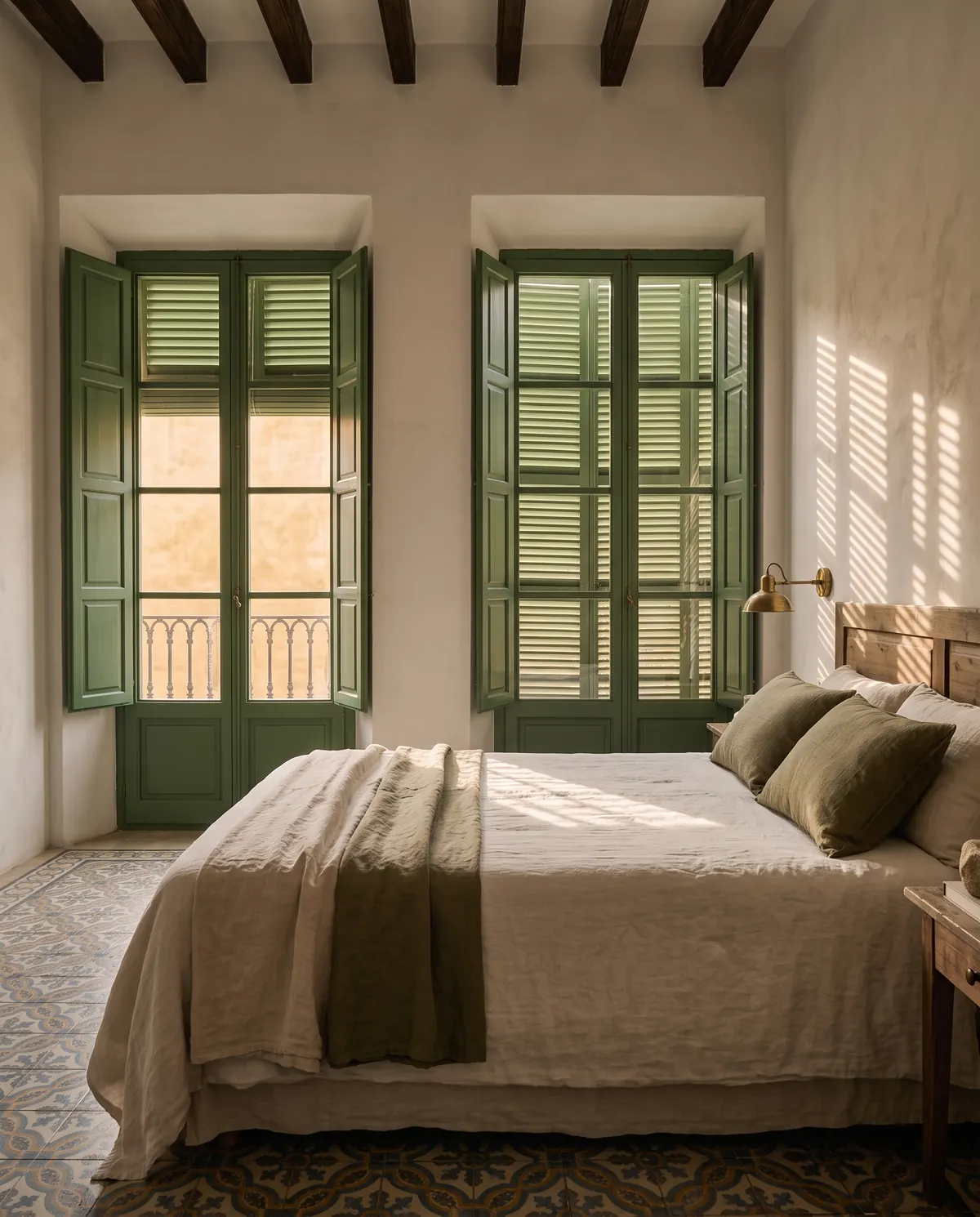 The bed of the Old Town Room in morning light, in front of two tall windows with green shutters
