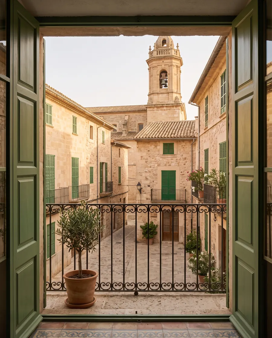 A quiet square of stone houses with green shutters and a church tower, seen from the iron balcony