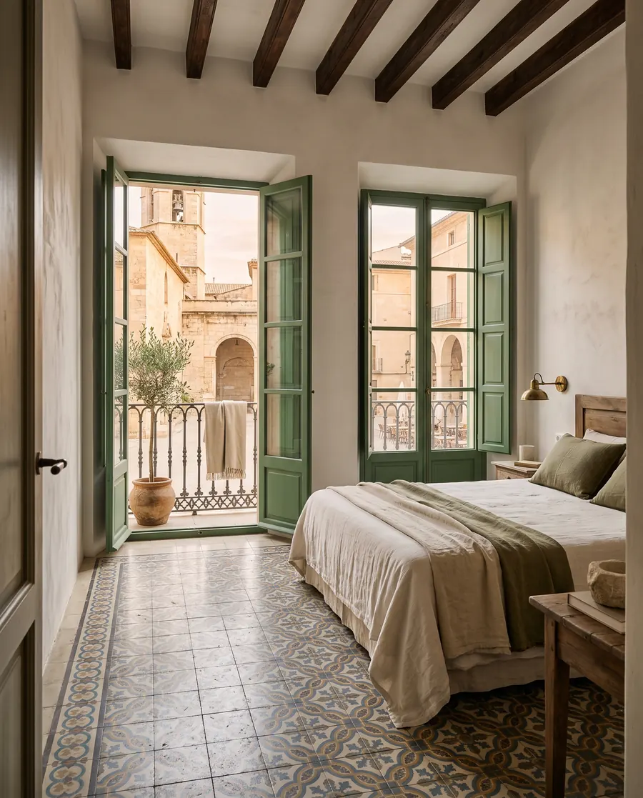 A room with patterned floor tiles, a bed and two tall windows, one open onto a small iron balcony over the square