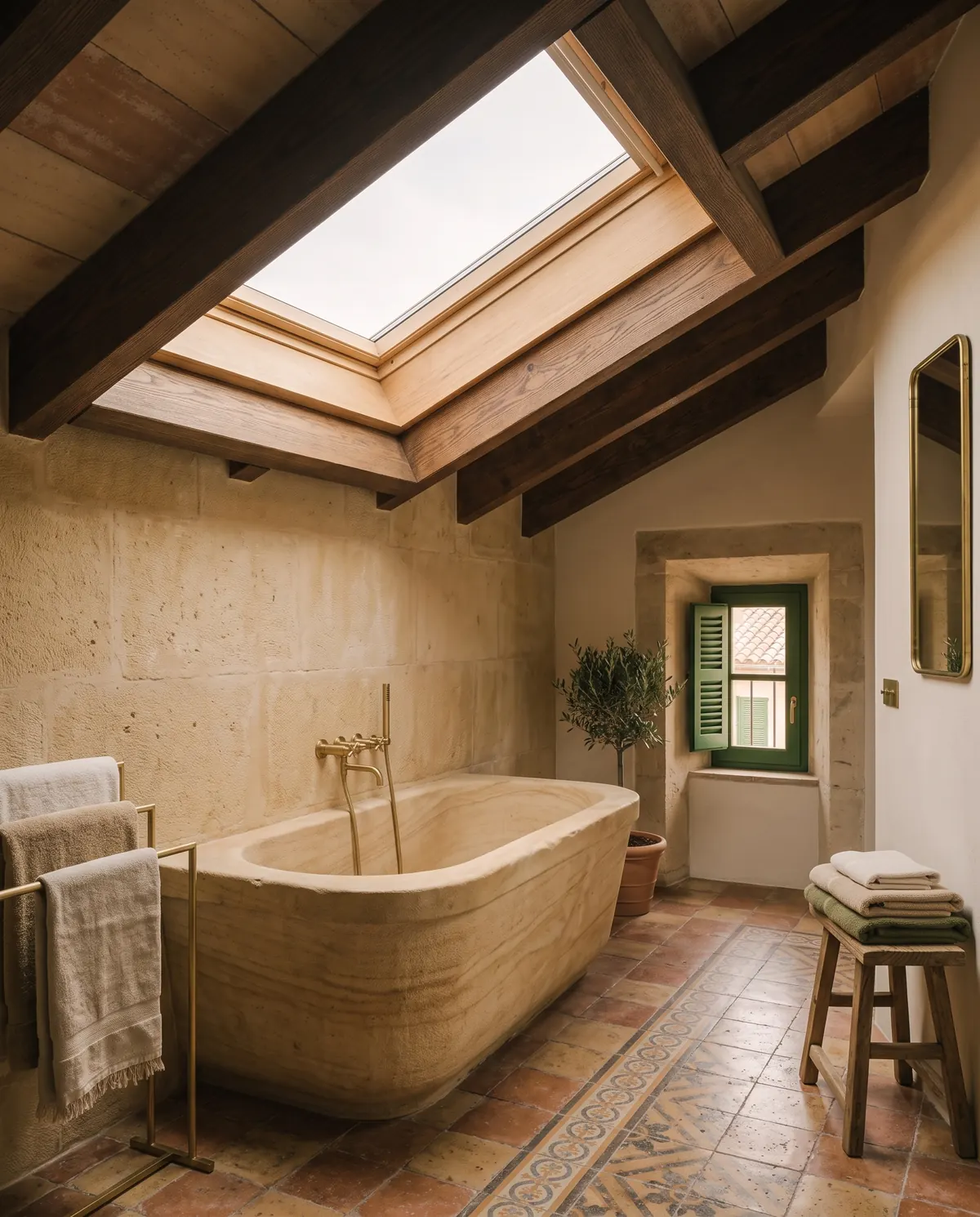 A stone bathtub under a sloped ceiling with a skylight