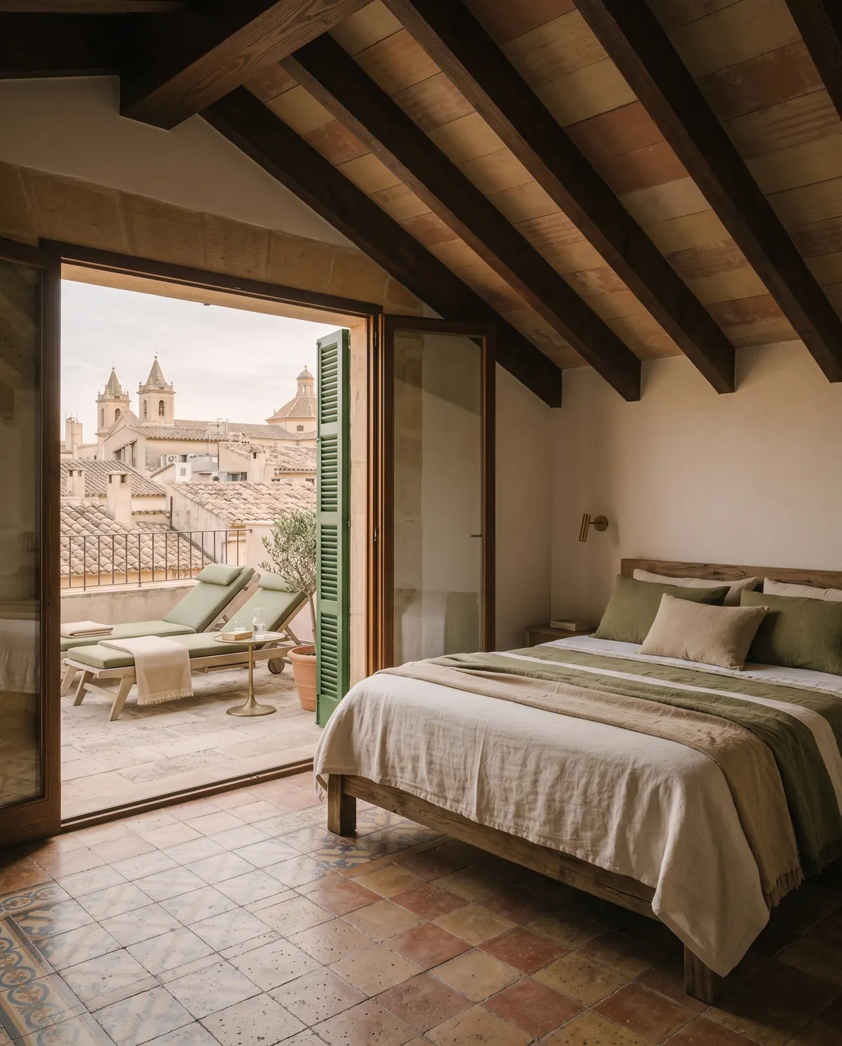 The bed of the Terrace Suite under a sloped oak ceiling, with the terrace doors open