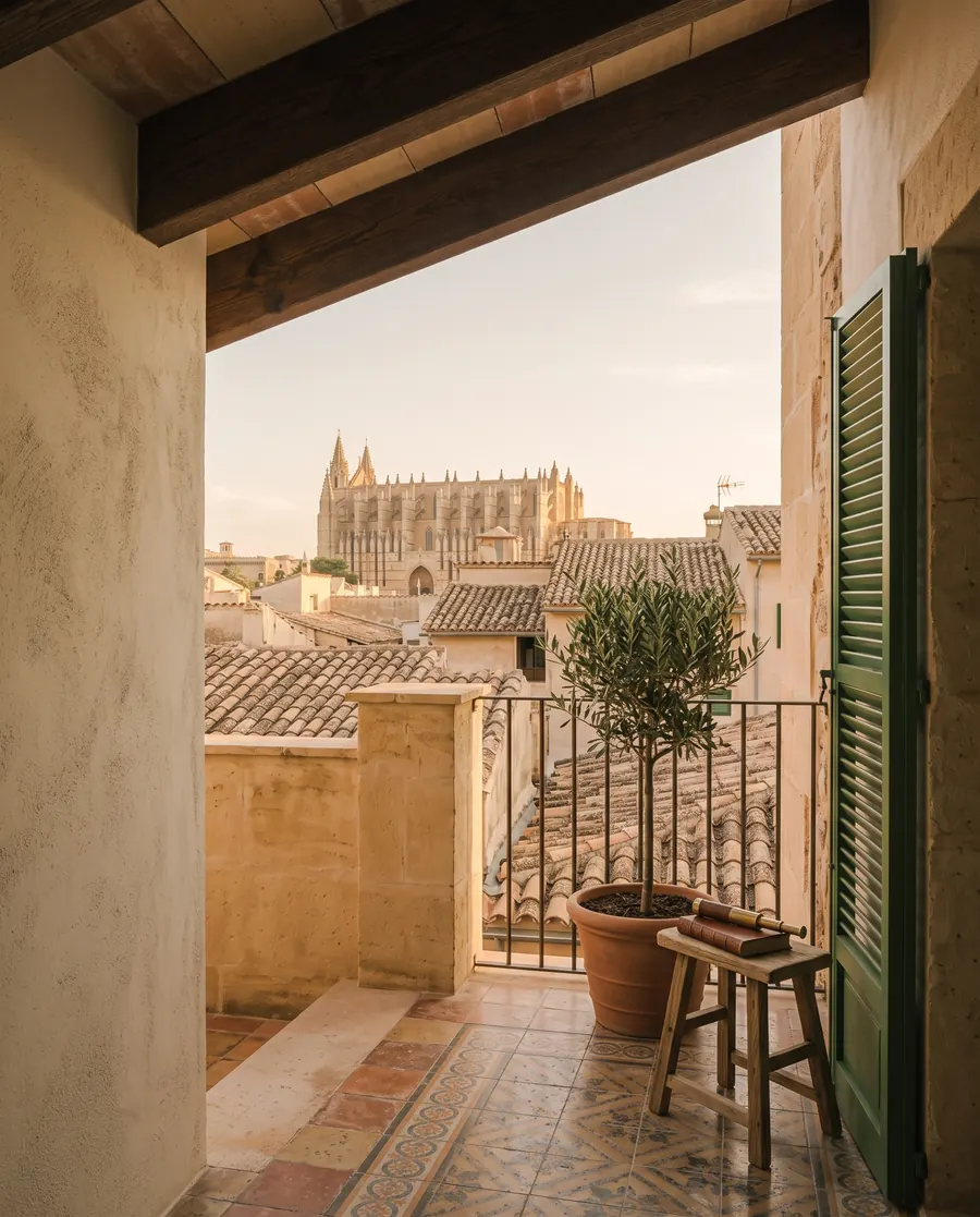 Old tiled roofs and the cathedral in the distance, seen from the private terrace in late afternoon