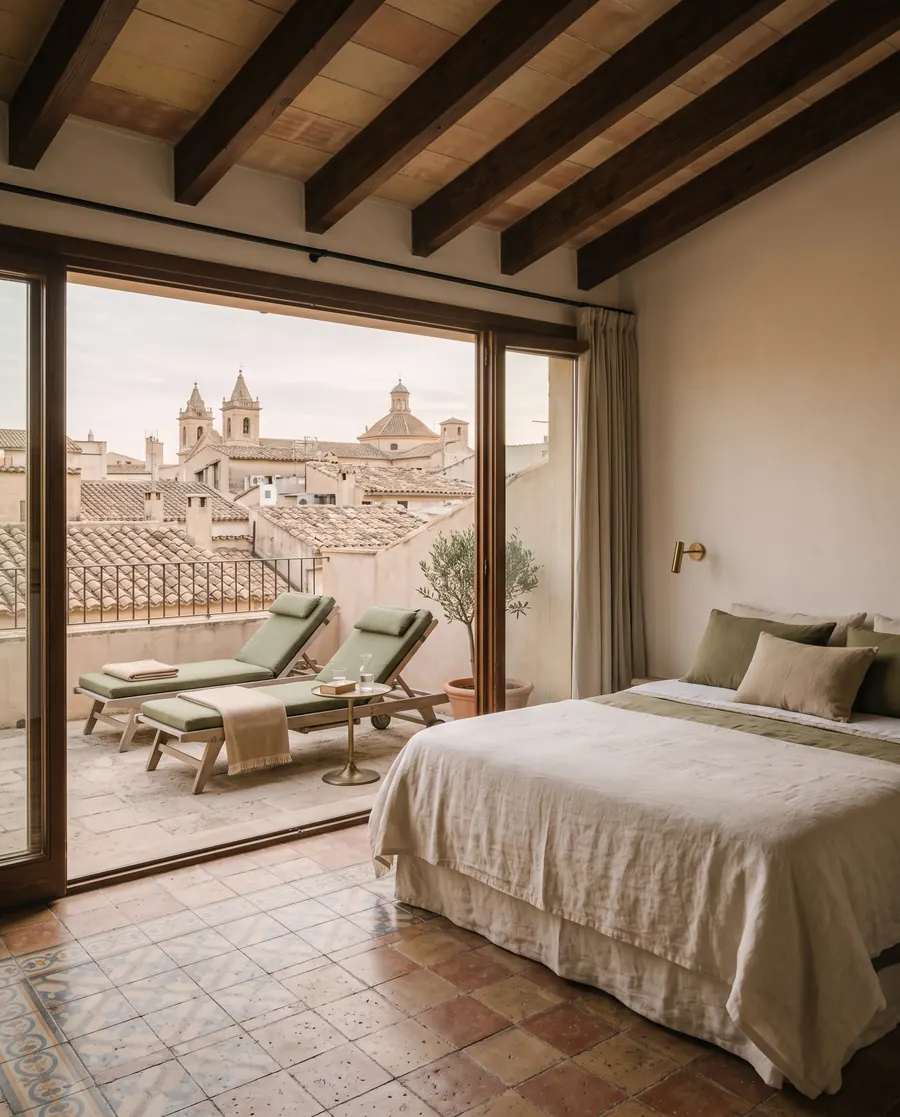 A top-floor room with a bed and glass doors open onto a terrace with two loungers over the tiled roofs