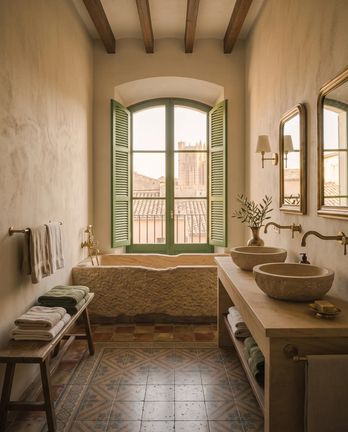 A stone bathtub under an arched window, with two stone basins on a wooden counter
