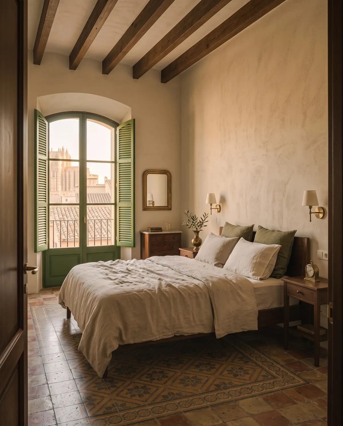 The main bedroom of the Arbós Suite, with a large bed and a tall arched window with green shutters