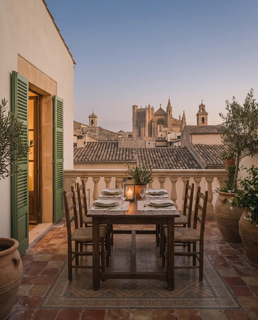 A table set for four on the suite terrace at dusk, with the old town roofs and the cathedral behind