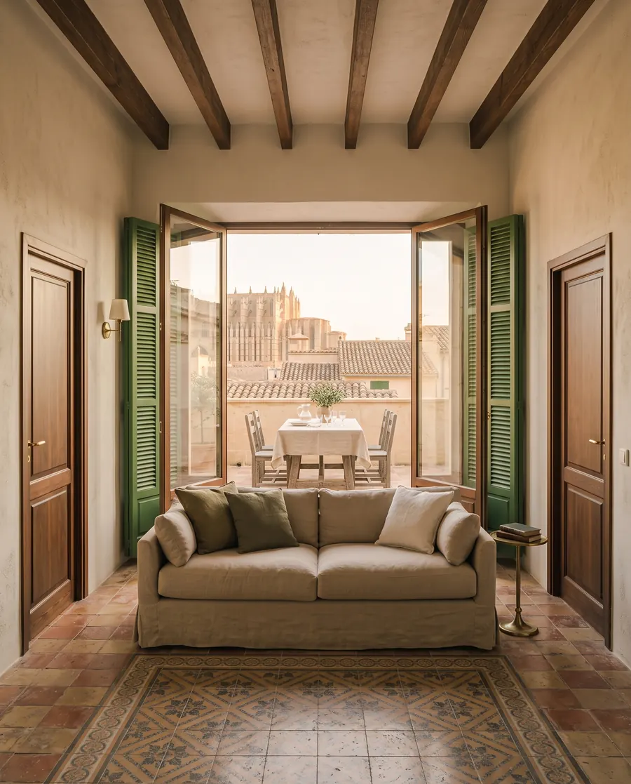 A sitting room with a linen sofa between two doors, and a window open onto a terrace table and the old town roofs