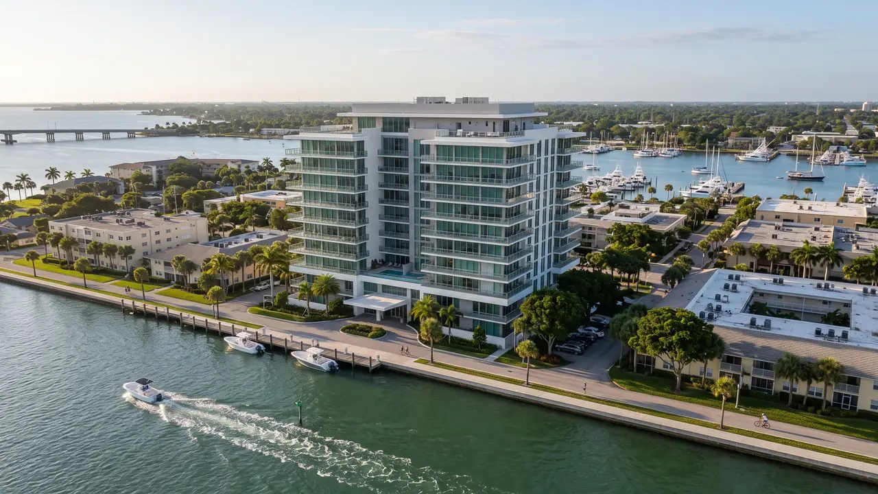 Aerial view of the white residential building on the lagoon, with a dock and two boats, a boat passing on the water, palm trees around it, a marina and a bridge in the background