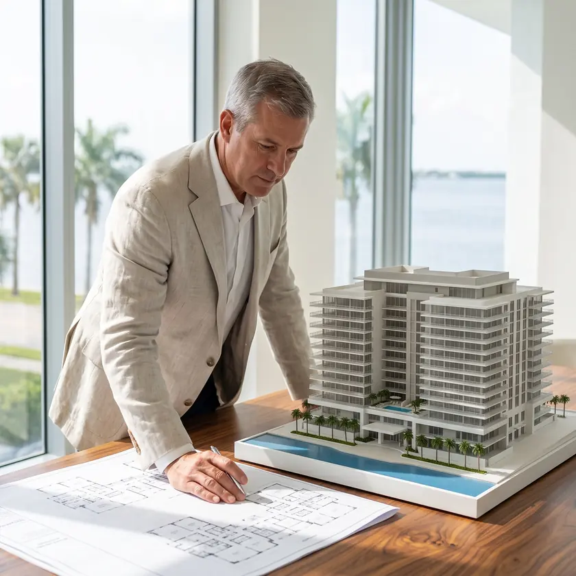 A man with gray hair in a light linen jacket, leaning over floor plans on a wooden table, next to the white scale model of an apartment building with a pool, with the lagoon behind him