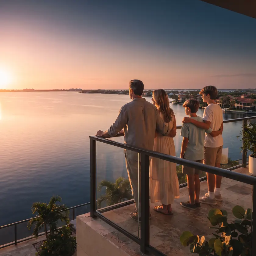 A couple and their two sons, seen from behind on an apartment balcony, watching the sunset over the water